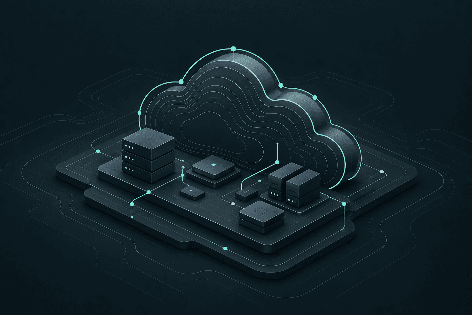 A layered cloud contour surrounding connected infrastructure, the Cloud Guardian protected topology illustration.
